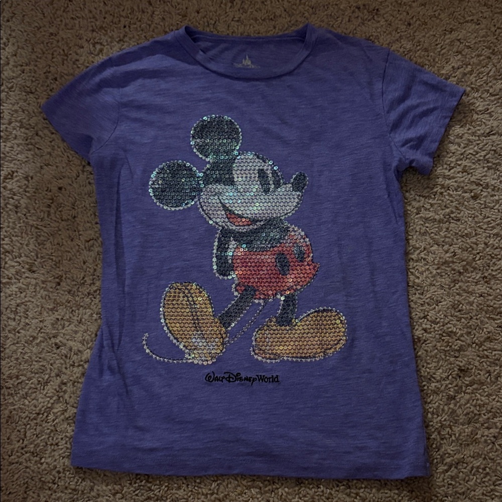 Disney Parks Girls Light Purple T-Shirt with Sequin Mickey Mouse Decal Size XL